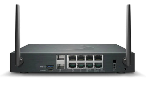 Rock Solid Plug And Play Next Generation Firewall With 2.5 GBPS Throughput And One Year TotalSecure Advanced License rear view with antennas and ports.