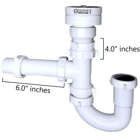 Air Admittance Valve Trap Assembly Kit With One And A Half Inch Vent, No Fuss Quick Install For Kitchen And Bathroom Sinks, Prevents Sewer Gas Odors, Superior Seal AAV, White showing 4" and 6" dimensions