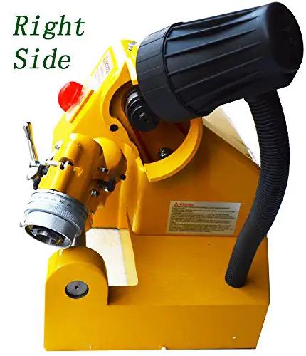 Heavy Hitter Universal Bench Grinder Sharpener Rig For Drill Bits Mill Cutters And Turning Knives Rock Solid Lathe Tool Sharpening Station 220V High Speed Steel right side view. Yellow cast base and motor attachment.