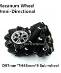 Mecanum wheel set for robot cars featuring omni-directional nine sub-wheel design, ideal for DIY robotic projects with smooth movement.