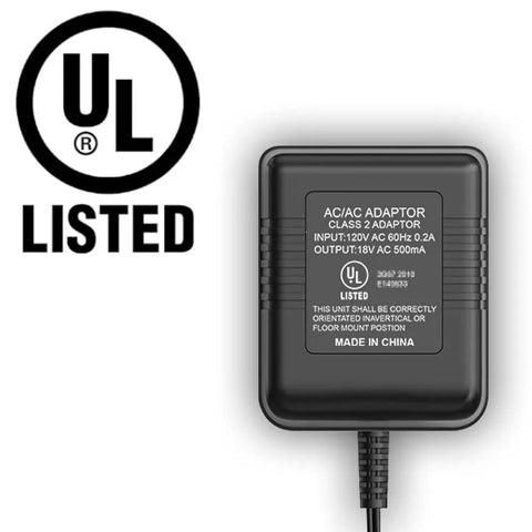UL Certified Video Doorbell Power Supply Adapter With a 26 Foot Cable, showing label details and UL certification mark