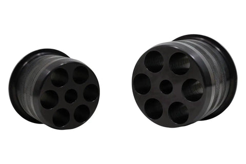 Beefy Aluminum Rear Cradle Bushing Kit For Hardcore Street Drift And Circuit Track Builds, features two black bushings with six holes.
