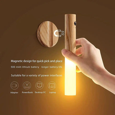 Hand holding wooden LED night light with motion sensor, magnetic base, dual sensing photosensitive and infrared, for bedroom hallway use.