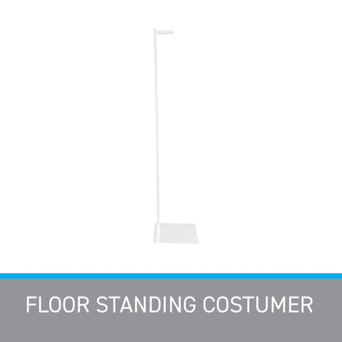Adjustable White Costume Stand With A Single Arm Clothes Rack For Retail Display Of Garments In Thrift Shops Boutiques And Stores Height From 48 To 72 Inches For Flexible Eye Catching Showcases.