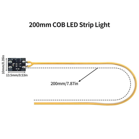 Diagram of 200mm COB Silicone LED Strip Light with PCB interface, labeled dimensions for DIY lamp projects.