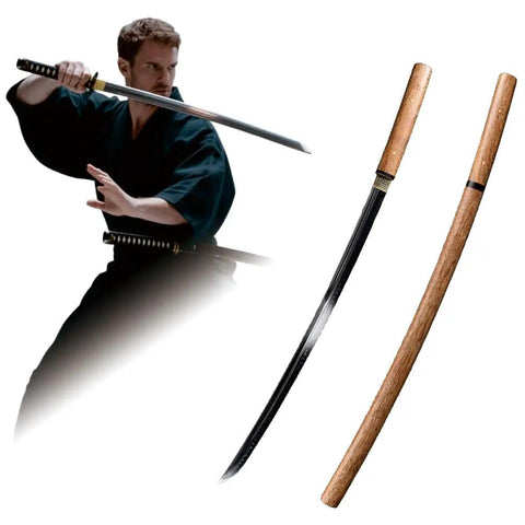 Handmade Japanese Samurai Sword With T10 Steel Blade, 27 Inch, Full Tang, Heat Tempered With Hamon, Wood Handle And Full Wooden Scabbard