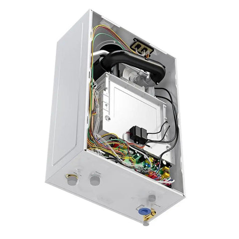Heavy Duty Liquid Propane Tankless Water Heater Brings The Heat With Eight Point Four Five Gallons Per Minute On Tap internal components with wires and connections