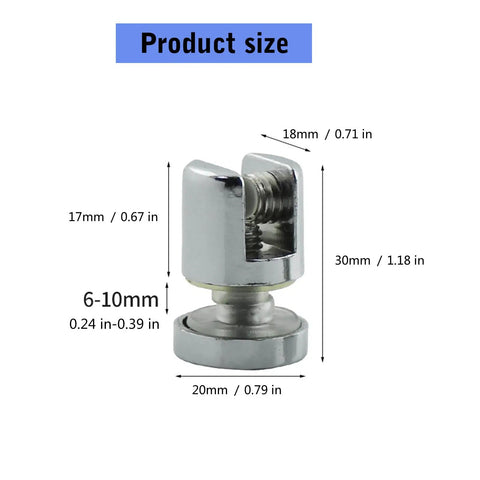 Glass Clamp Holder Bracket For 10-12mm Thick Glass with product dimensions in millimeters, rustproof metal close-up