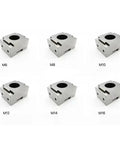 Built Tough Side By Side Fixed Vise For CNC Machining Center Multi Station Fixture With Plug And Play Quick Pallet And Freely Sliding Jaws For Hassle Free Steel Aluminum Clamping Daily, showing different sizes M6, M8, M10, M12, M14, M16.