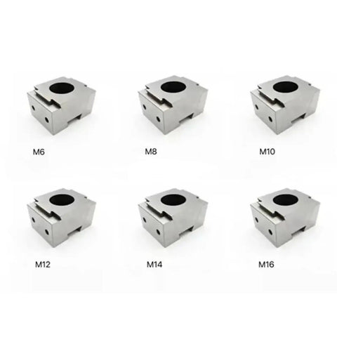 Built Tough Side By Side Fixed Vise For CNC Machining Center Multi Station Fixture With Plug And Play Quick Pallet And Freely Sliding Jaws For Hassle Free Steel Aluminum Clamping Daily, showing different sizes M6, M8, M10, M12, M14, M16.