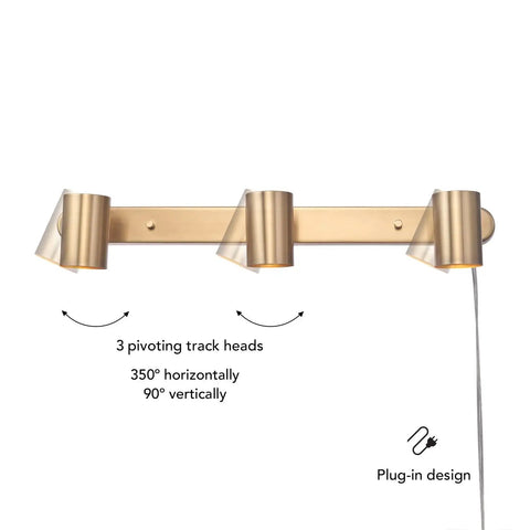 Three Light Plug-In Track Lighting In Matte Brass With Adjustable Heads, 15-Foot Cord, Pivoting Heads, Ceiling Or Wall Mount