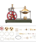 Build Your Own Badass Vertical Steam Engine Model Kit With A Transparent Cylinder Piston And Flywheel Power System Using Full Metal STEM Educational Parts And Rock Solid Spherical Boiler Design For Real Weekend Engineering Joy with red wheels and gold boiler.