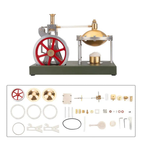 Build Your Own Badass Vertical Steam Engine Model Kit With A Transparent Cylinder Piston And Flywheel Power System Using Full Metal STEM Educational Parts And Rock Solid Spherical Boiler Design For Real Weekend Engineering Joy with red wheels and gold boiler.