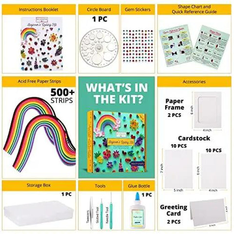 Beginner Quilling Kit For Kids And Adults With Tools, Easy Step By Step Instructions, Handy Storage Box, and DIY Paper Quilling Bundle contents