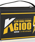 12V 100Ah LiFePO4 Battery With Built In 100A BMS Group 31 for trolling motors, featuring durable black case with yellow label.
