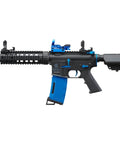 Gen 2 M4 SD Blue Carbine AEG Airsoft Rifle with Red Dot Sight, lightweight polymer build, and dope blue accents on white background