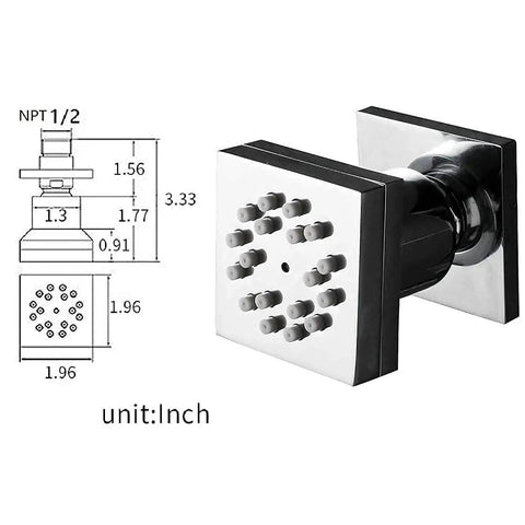 Detailed diagram of shower body spray jets 2 in 1 brass spa showerhead wall mount dual function rainfall and mist