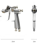 Slick Low Pressure Compact Gravity Cup Spray Paint Upper Tank 0.4mm Nozzle viewed from side with dimensions 14.5cm height, 13cm length.