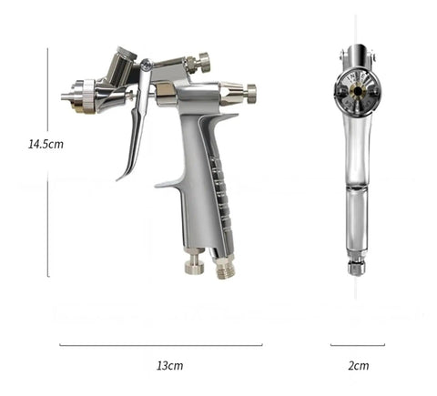 Slick Low Pressure Compact Gravity Cup Spray Paint Upper Tank 0.4mm Nozzle viewed from side with dimensions 14.5cm height, 13cm length.