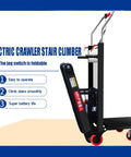 Heavy Duty Electric Stair Climber Cart That Lets You Haul Like A Boss While Saving Your Back And Keeping Things Totally Upright For Easy Moving Up Or Down Any Flight Of Stairs Today, showing a foldable electric stair climber with red wheels.