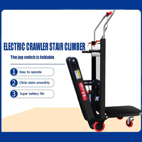 Heavy Duty Electric Stair Climber Cart That Lets You Haul Like A Boss While Saving Your Back And Keeping Things Totally Upright For Easy Moving Up Or Down Any Flight Of Stairs Today, showing a foldable electric stair climber with red wheels.