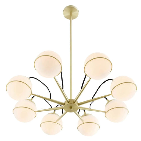 8-Light Chandelier In Opal Gold Ceiling Fixture With Dimmable Glow for Dining Room Living Room or Kitchen Island, satin brass frame.