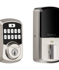 Aura Bluetooth Programmable Keypad Door Lock Deadbolt With SmartKey Security, satin nickel finish, front and back view