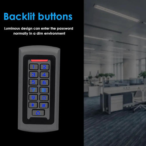 Waterproof Standalone Access Control Keypad with backlit buttons for easy password entry, shown in an office setting.