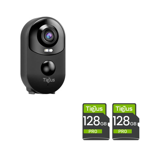 Outdoor Battery Powered Security Cam With 3MP HD Night Vision 2 Way Audio PIR Motion Detection Spotlight And Siren shown with SD cards