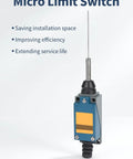 Compact Micro Limit Switch With Coil Spring Wire 1NO 1NC 5A 250VAC IP65 shown with blue aluminum body and wire actuator