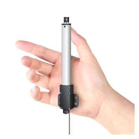 Heavy Duty Telescopic Linear Actuator 6-24V 10-200 Millimeter Stroke Built Tough Aluminum Housing IP54 IP65 Rated Industrial Grade With Front And Rear Mounting Brackets For Flexible Installation In Tight Spaces, shown in hand