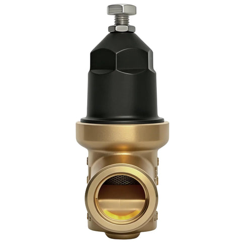 Front view of 1-inch NR3XLDU water pressure reducing valve with brass body and black top adjustment cap