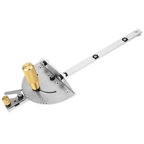 Killer Precision Miter Gauge With Sweet Brass Handle For Table Saw And Router Table Delivering Dead On Accuracy And Clean Woodworking Cuts Across Twenty Seven Angle Stops, showing brass handle and zinc body.