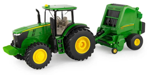 1:32 Scale 7270R Tractor With 560R Round Baler Set For Realistic Farm Play, Easy Hitch To Baler, Durable Indoor Outdoor Toy