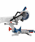 Side view of ProFactor Mobile Cordless 18 Volt Sliding Miter Saw With Single Bevel Lightweight On The Go Jobsite Power Seven And A Quarter Inch Nested Crown Cut Eight And A Quarter Inch Crosscut Capacity Three And Three Quarters Inch Crown Cut Bare Tool