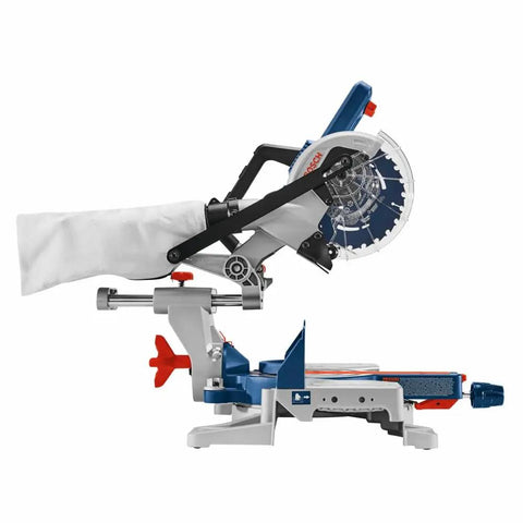 Side view of ProFactor Mobile Cordless 18 Volt Sliding Miter Saw With Single Bevel Lightweight On The Go Jobsite Power Seven And A Quarter Inch Nested Crown Cut Eight And A Quarter Inch Crosscut Capacity Three And Three Quarters Inch Crown Cut Bare Tool