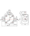 Front and side views of a horizontal right-angle gearbox shaft, 1.5 module, 90°, 1:1 ratio, Ø15 mm outputs, 3 outputs.