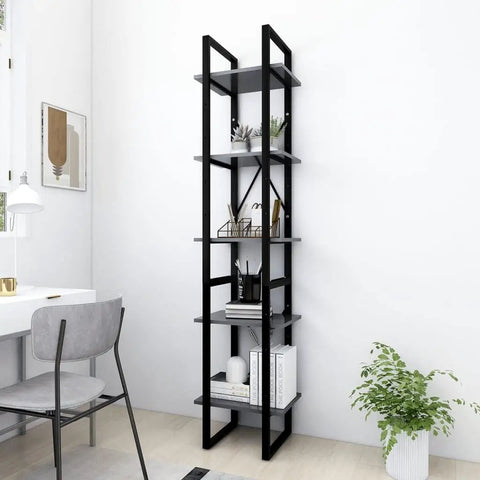 Five Tier Industrial Book Cabinet With Metal Frame And Engineered Wood Bookshelf For Home Office Storage in corner view