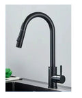 Black Pull Out Deck Mounted Flexible Hot Cold Stream Shower Modes Nozzle Faucet with a curved spout and lever handle design.