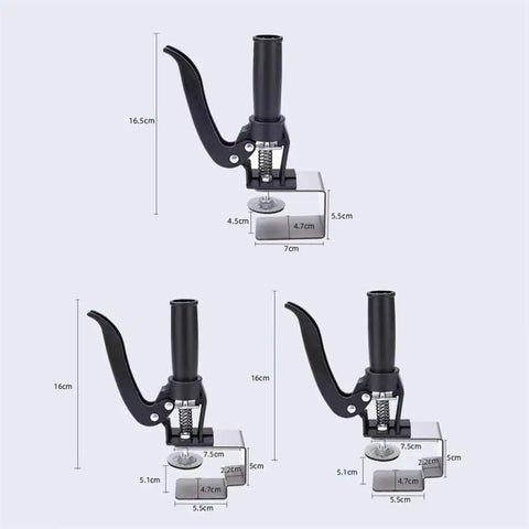 Quick Release Adjustable U Shaped Drawer Clamps For No Sweat Panel Install With Hella Secure Grip Smooth Woodworking Assembly Clips and Non Marring Mounting Hardware shown at various angles with measurements.