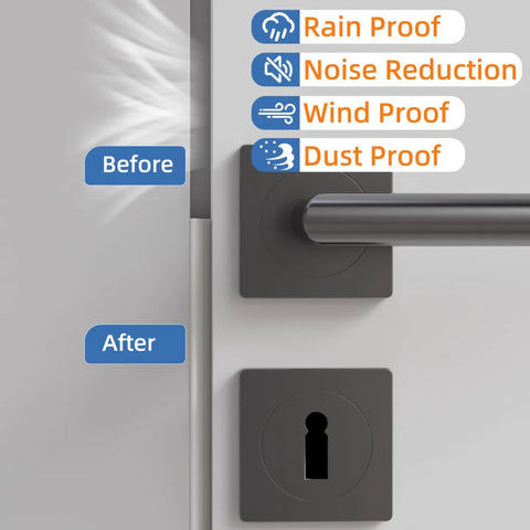 Kneelisa wedge-shaped door weather stripping for exterior front door; white seal with four protection icons and before/after labels