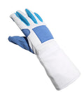 Right Hand Practice Fencing Glove With Anti Slip Leather Palm For Epee Foil And Sabre Bout Practice Extended Cuff Wrist Protection XL Palm Width 9.74 Inches Durable Grippy Training Glove, white and blue design