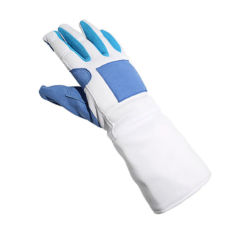 Right Hand Practice Fencing Glove With Anti Slip Leather Palm For Epee Foil And Sabre Bout Practice Extended Cuff Wrist Protection XL Palm Width 9.74 Inches Durable Grippy Training Glove, white and blue design