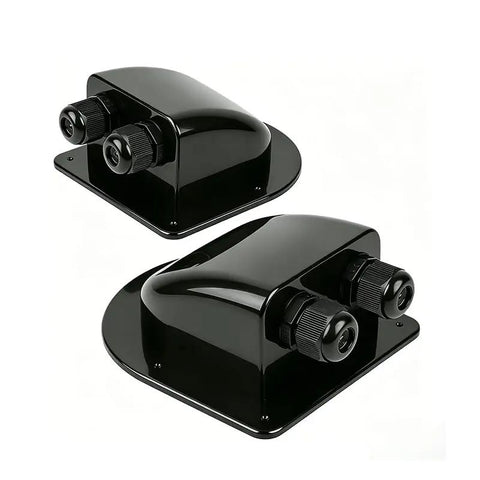 Heavy Duty 2 Pack Dual Hole Solar Cable Gland Junction Box Built From Rock Solid Abs With Badass Weatherproof Seal For Road Ready Rv Boat Marine And Automotive Solar Panel Brackets In Black, showing two black junction boxes
