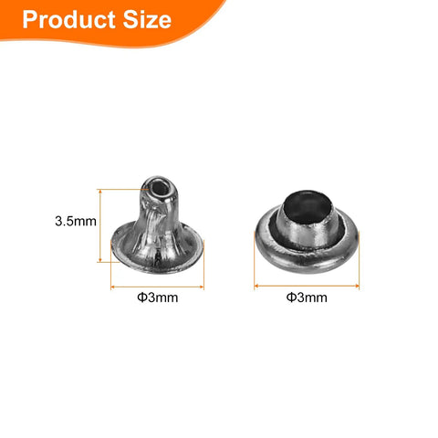 3mm Single Cap Rivets In Gunmetal Finish showing product size, dimensions are 3x3x3.5mm carbon steel for leather projects.