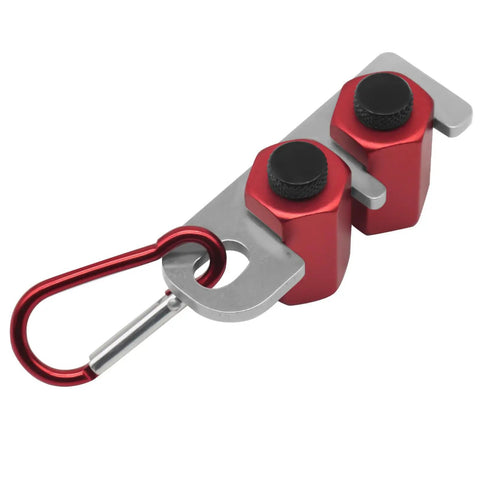 Dead Nuts Accurate Stair Gauge And Framing Square Stop Bracket With Hex Thumb Screw Adjustment For Smooth Lumber Marking And Tough Aluminum Workshop Gear, featuring hex knobs and carabiner