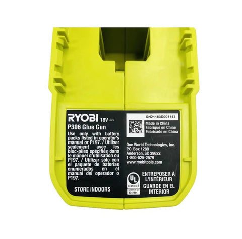 Back label of 18 Volt Cordless Compact Glue Gun Kit With Battery And Charger Bulk Packaged No Retail Box Heats To 365 F