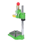 Alloy Steel Drill Press Stand Built To Last With 60mm Travel Depth Adjustment For 38 To 43mm Power Drills Rotatable Design For Versatile Applications And Precise Depth Control Heavy Duty Stability, side view angle showcasing adjustable clamp and base.