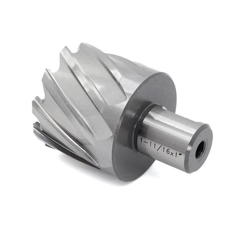 Oscarbide annular cutter with Weldon shank, 1-11/16 in cutting diameter, 1 in depth of cut, silver metal