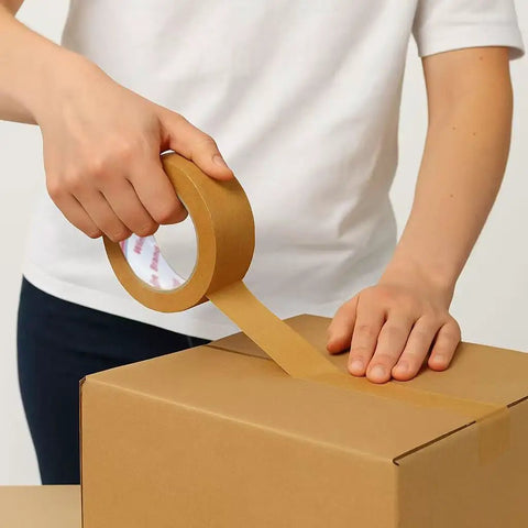 Person using Eco Friendly Brown Kraft Paper Packaging Tape, Tough As Nails Heavy Duty Biodegradable Sealing Tape on cardboard box